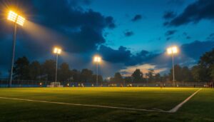 A photograph of a well-lit sports field at dusk