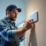A photograph of a skilled lighting contractor installing a dimmer switch for recessed lighting in a modern home setting