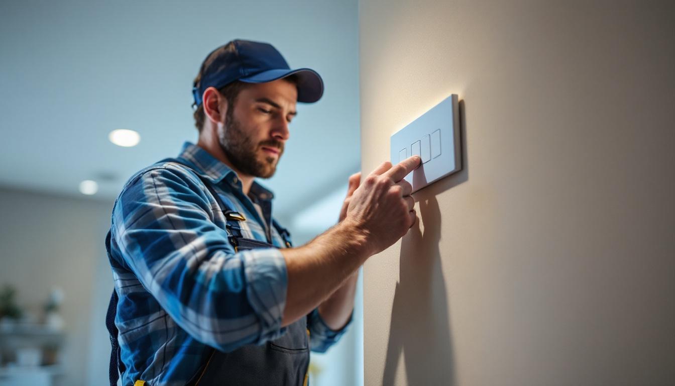 A photograph of a skilled lighting contractor installing a dimmer switch for recessed lighting in a modern home setting