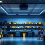 A photograph of a well-lit garage featuring sleek track lighting installed along the ceiling