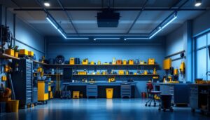 A photograph of a well-lit garage featuring sleek track lighting installed along the ceiling
