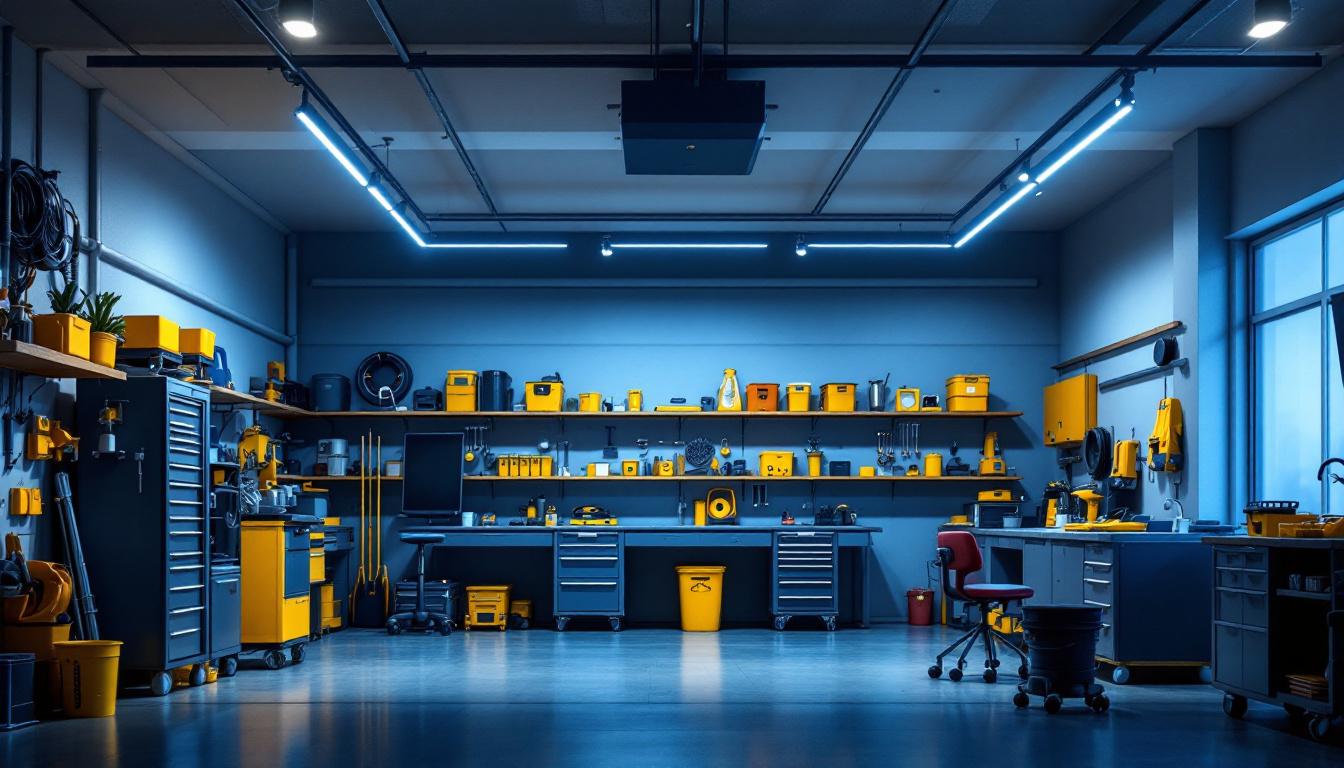 A photograph of a well-lit garage featuring sleek track lighting installed along the ceiling