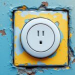 A photograph of a close-up shot of a round electrical outlet box with a decorative outlet cover installed