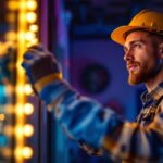 A photograph of a skilled lighting contractor expertly installing or adjusting led lights in a stylish