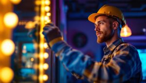 A photograph of a skilled lighting contractor expertly installing or adjusting led lights in a stylish