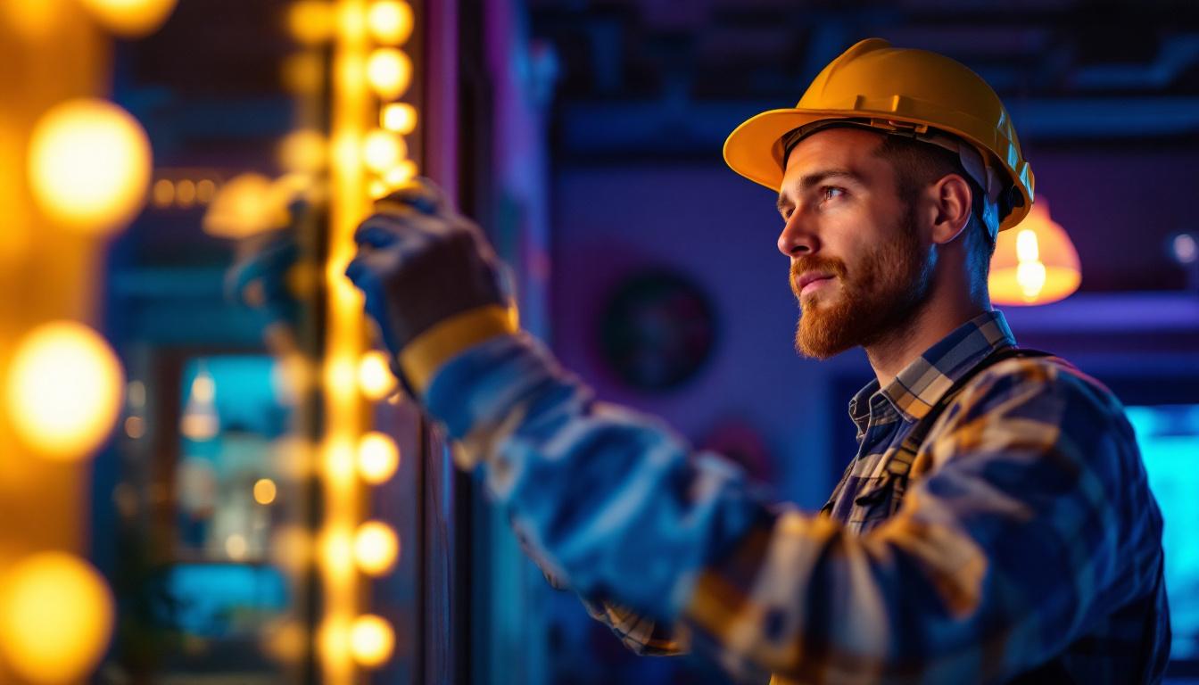 A photograph of a skilled lighting contractor expertly installing or adjusting led lights in a stylish