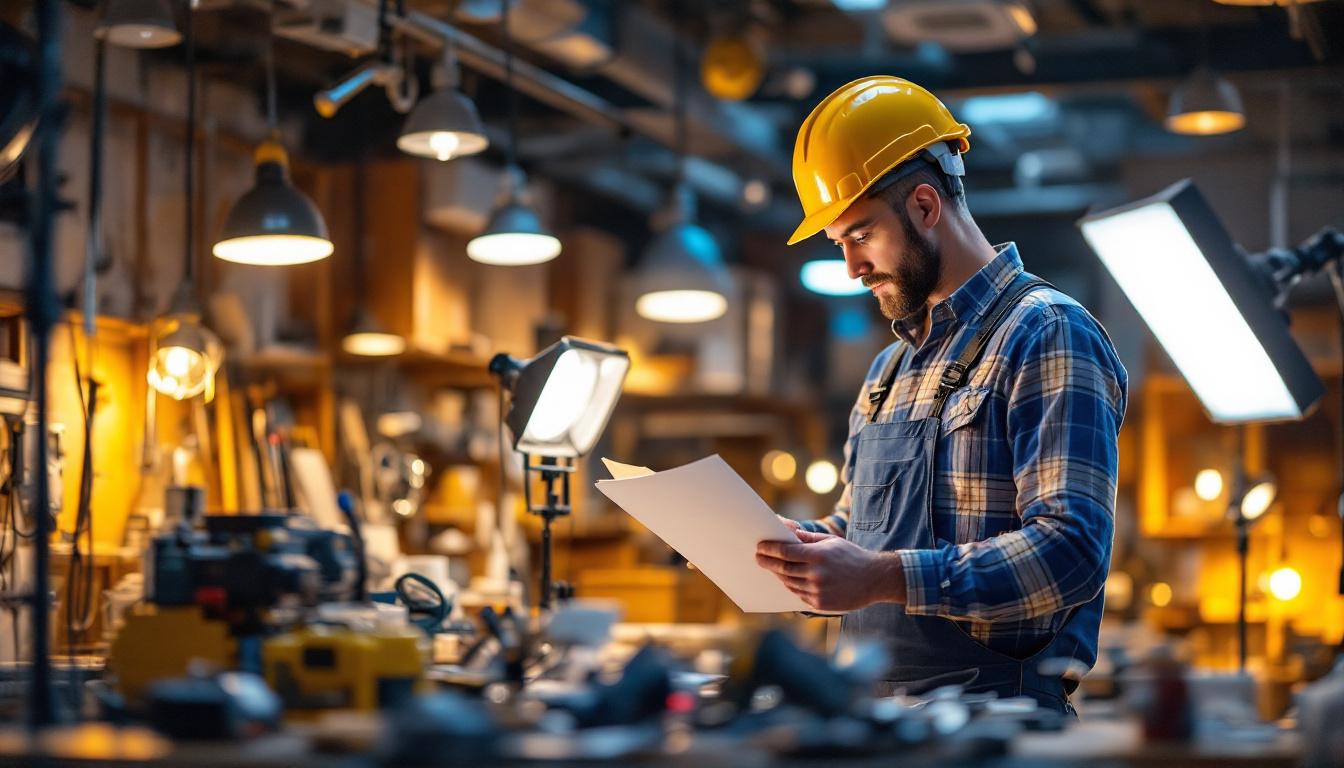 A photograph of a lighting contractor inspecting various lighting fixtures and tools in a well-lit workspace
