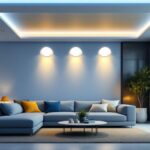 A photograph of a modern living space featuring large recessed downlights