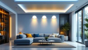 A photograph of a modern living space featuring large recessed downlights