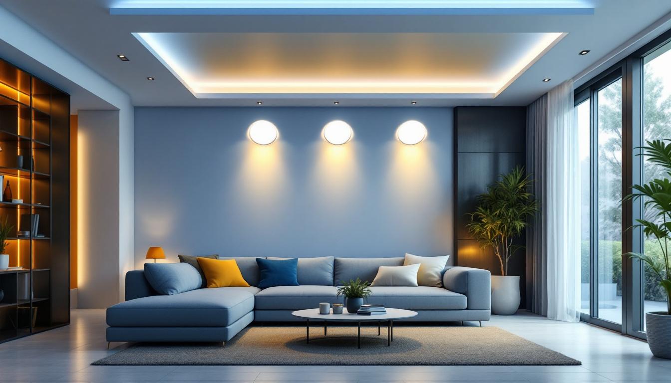 A photograph of a modern living space featuring large recessed downlights