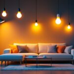 A photograph of a modern living space illuminated by various types of led light bulbs