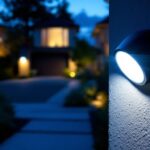 A photograph of a well-lit outdoor area at dusk featuring a motion sensor led light in action