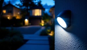A photograph of a well-lit outdoor area at dusk featuring a motion sensor led light in action