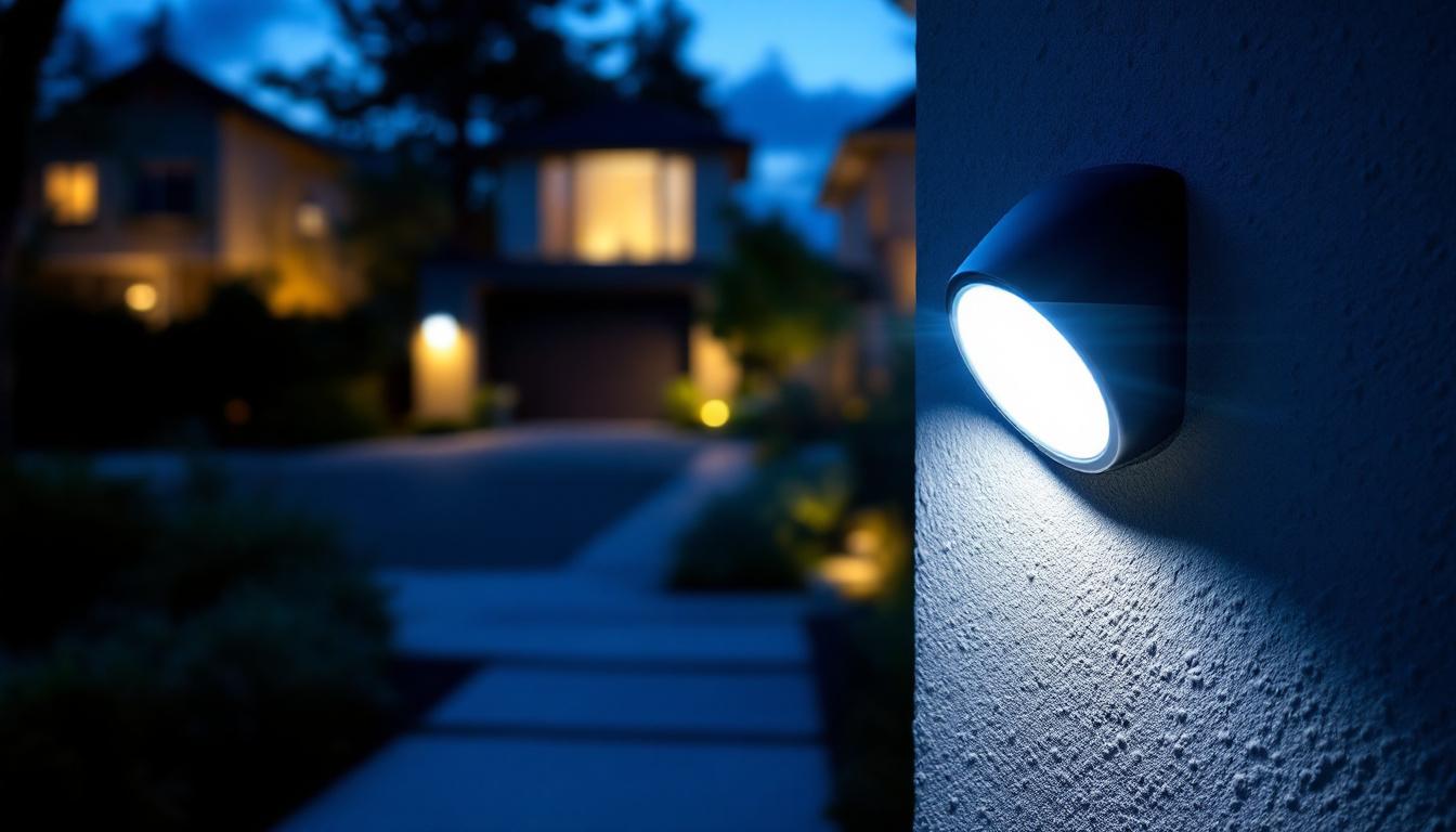 A photograph of a well-lit outdoor area at dusk featuring a motion sensor led light in action