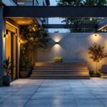 A photograph of a well-lit outdoor space featuring wet-rated light fixtures in use