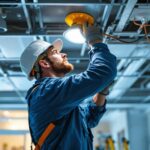 A photograph of a lighting contractor at work in a 2x4 grid ceiling