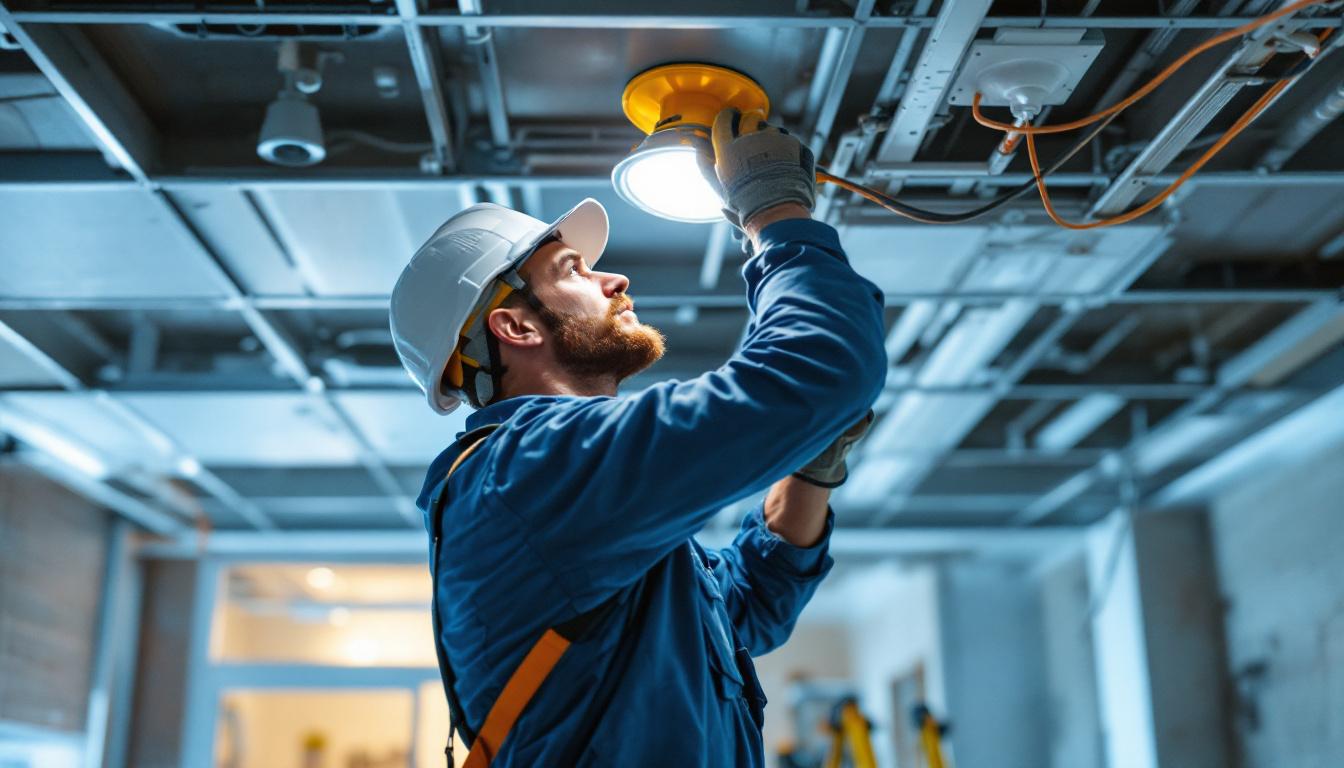 A photograph of a lighting contractor at work in a 2x4 grid ceiling