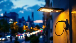 A photograph of a modern plug-in street lamp installed in an urban setting