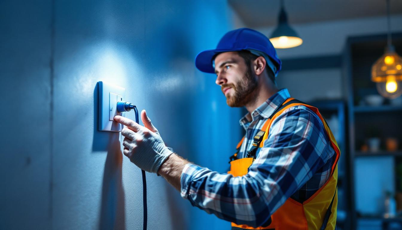 A photograph of a skilled lighting contractor installing a plug switch combo in a modern residential setting