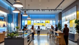 A photograph of a modern retail space showcasing a variety of stylish led lighting fixtures