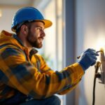 A photograph of a skilled lighting contractor inspecting or installing an electrical outlet in a well-lit