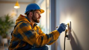 A photograph of a skilled lighting contractor inspecting or installing an electrical outlet in a well-lit
