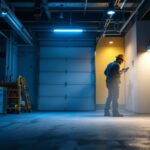 A photograph of a brightly lit garage featuring a motion sensor light in action