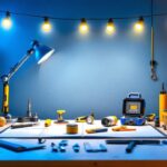 A photograph of a well-lit workspace showcasing a string of led work lights illuminating a variety of tools and materials used in a lighting installation project