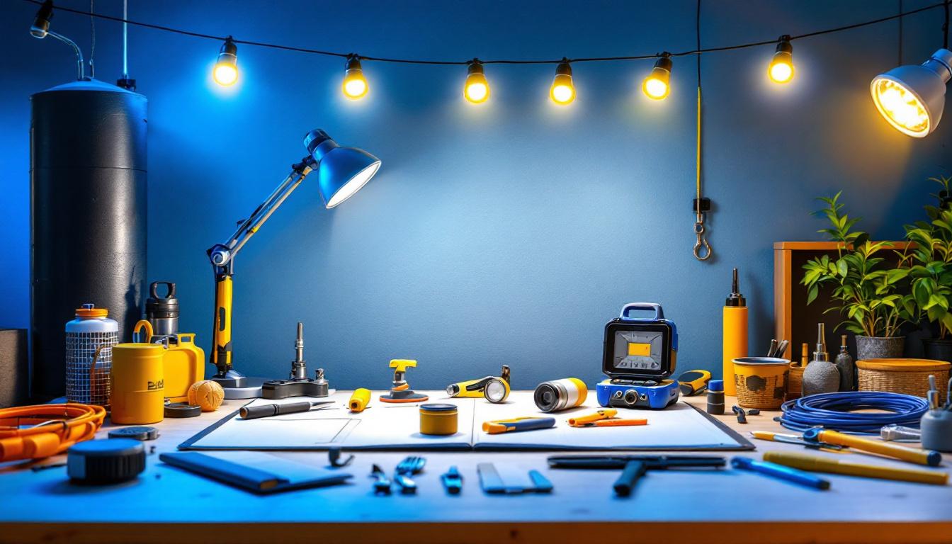 A photograph of a well-lit workspace showcasing a string of led work lights illuminating a variety of tools and materials used in a lighting installation project