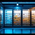 A photograph of a well-lit commercial freezer showcasing various lighting options and installations