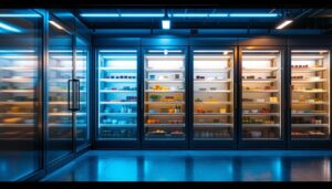 A photograph of a well-lit commercial freezer showcasing various lighting options and installations
