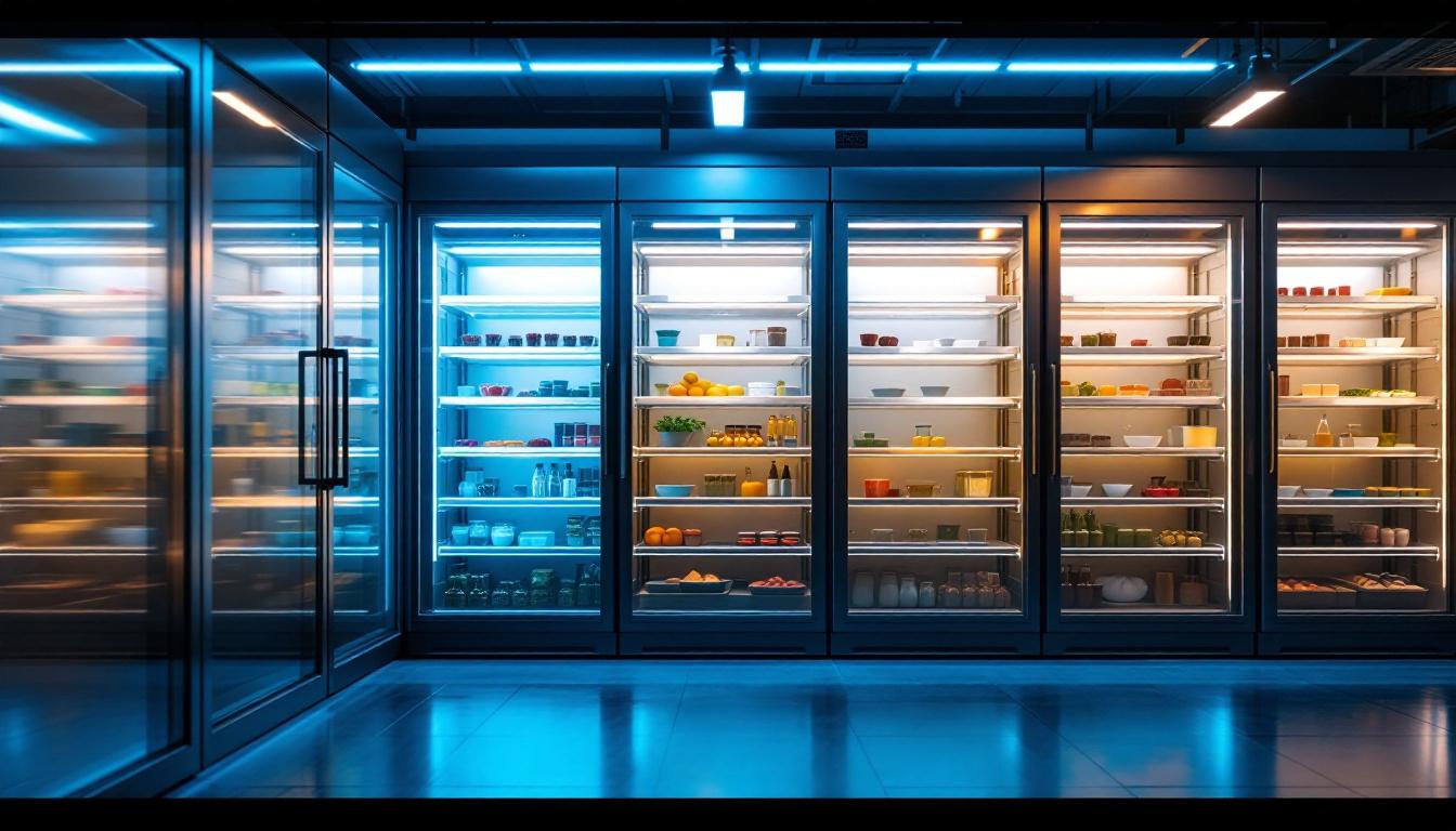 A photograph of a well-lit commercial freezer showcasing various lighting options and installations