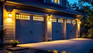 A photograph of a well-lit garage exterior showcasing various outdoor light bulb options in use