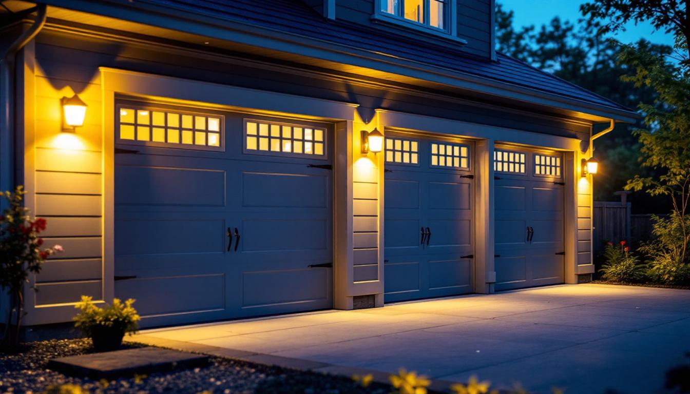 A photograph of a well-lit garage exterior showcasing various outdoor light bulb options in use