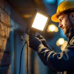 A photograph of a lighting contractor installing or adjusting a high lumen flood light in an outdoor setting