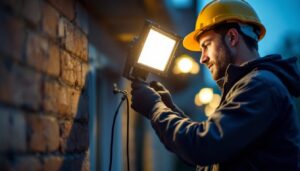 A photograph of a lighting contractor installing or adjusting a high lumen flood light in an outdoor setting