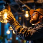 A photograph of a lighting contractor skillfully installing or adjusting large