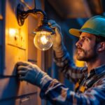 A photograph of a lighting contractor skillfully installing or repairing gas lights on a charming residential home