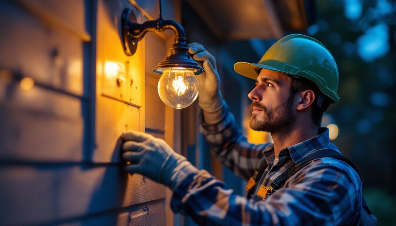 A photograph of a lighting contractor skillfully installing or repairing gas lights on a charming residential home