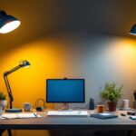 A photograph of a well-lit workspace featuring a variety of gooseneck arm lighting fixtures in different styles and applications