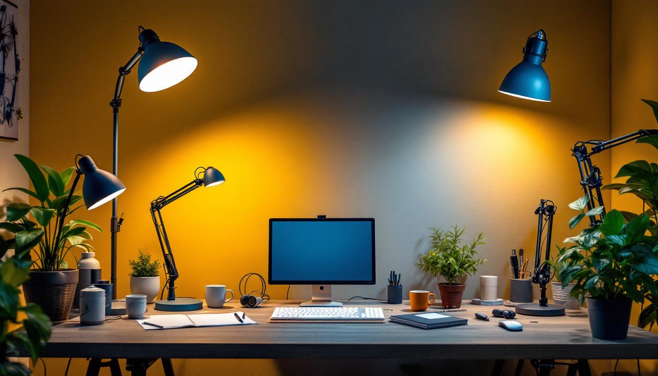 A photograph of a well-lit workspace featuring a variety of gooseneck arm lighting fixtures in different styles and applications