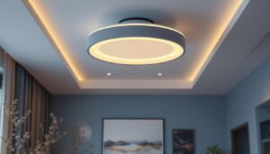A photograph of a beautifully designed oversized flush mount ceiling light installed in a stylish interior space