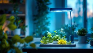 A photograph of a philips grow lamp in a well-lit indoor gardening setup