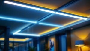 A photograph of a modern ceiling linear light installation in a stylish interior space