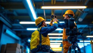 A photograph of a lighting contractor installing or showcasing vibrant led fluorescent lights in a commercial space