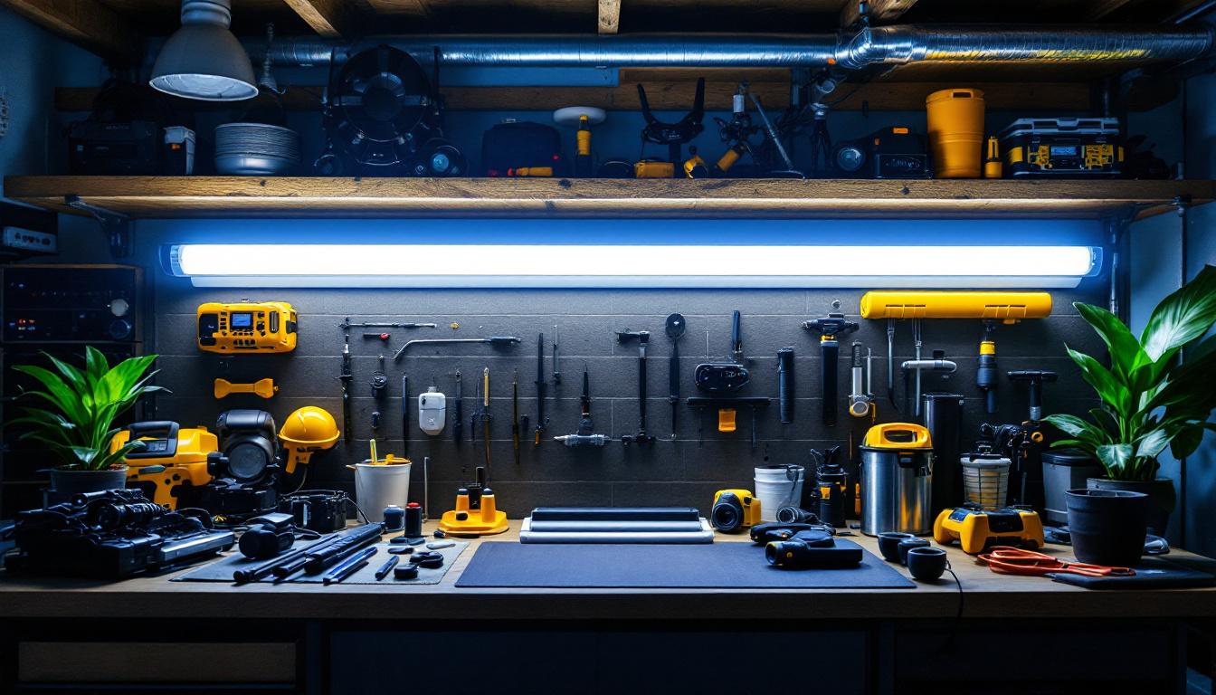A photograph of a well-organized workspace featuring an 8ft tube light prominently displayed