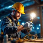 A photograph of a professional lighting contractor in action