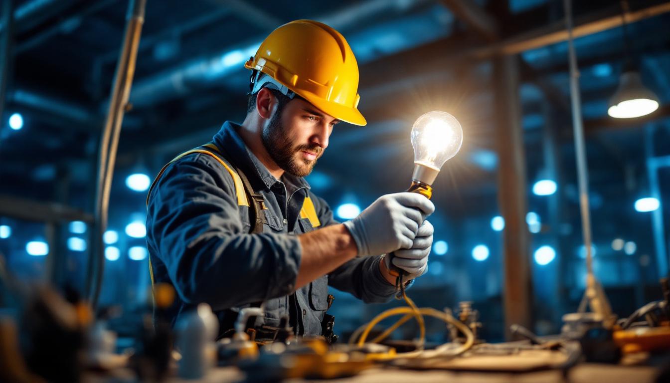 A photograph of a professional lighting contractor in action