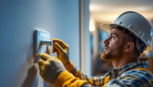 A photograph of a lighting contractor installing a twist and lock outlet in a modern residential setting