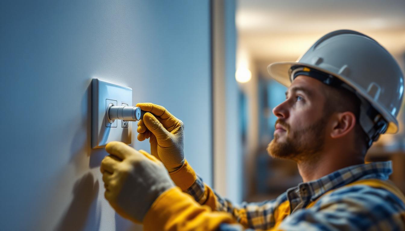 A photograph of a lighting contractor installing a twist and lock outlet in a modern residential setting